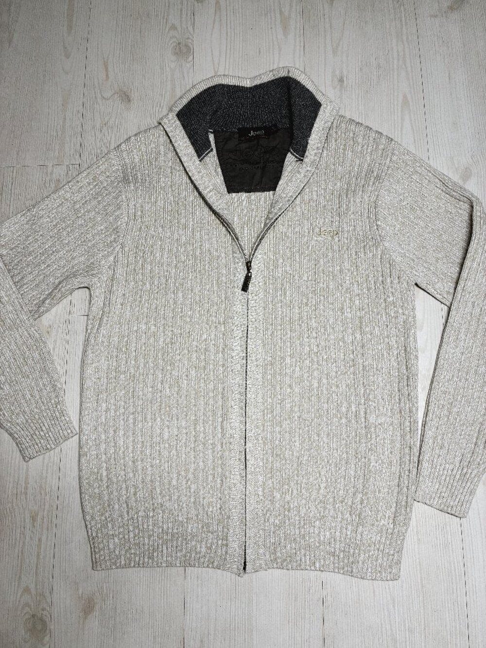 Jeep Men’s Full-Zip Ribbed Knit Wool Cardigan Sweater (Size XL / 180-96A, Grey)